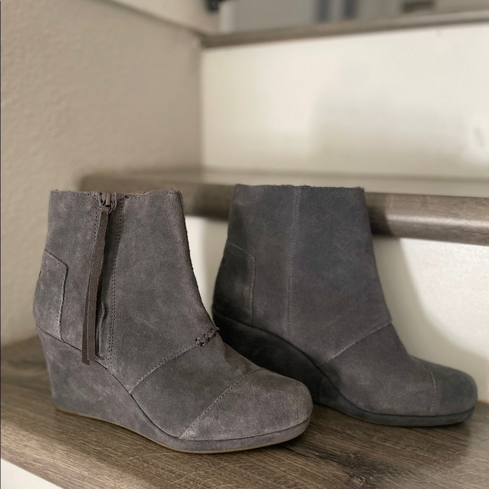 Tom’s suede grey wedge bootie. Size 8.5